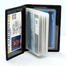 Black Leather Business Credit Card Wallet Pocket Organizer Clear Sleeve Insert