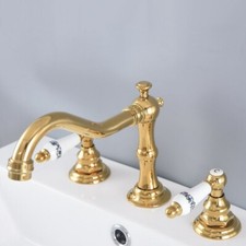Gold Color Brass Widespread 3 Holes Bathroom Faucet Ceramic Handle Mixer Tap