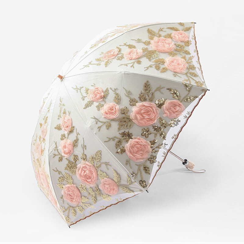 Embroidery Flower Lace Umbrella Parasol 2/3 Folding Sunshade Anti