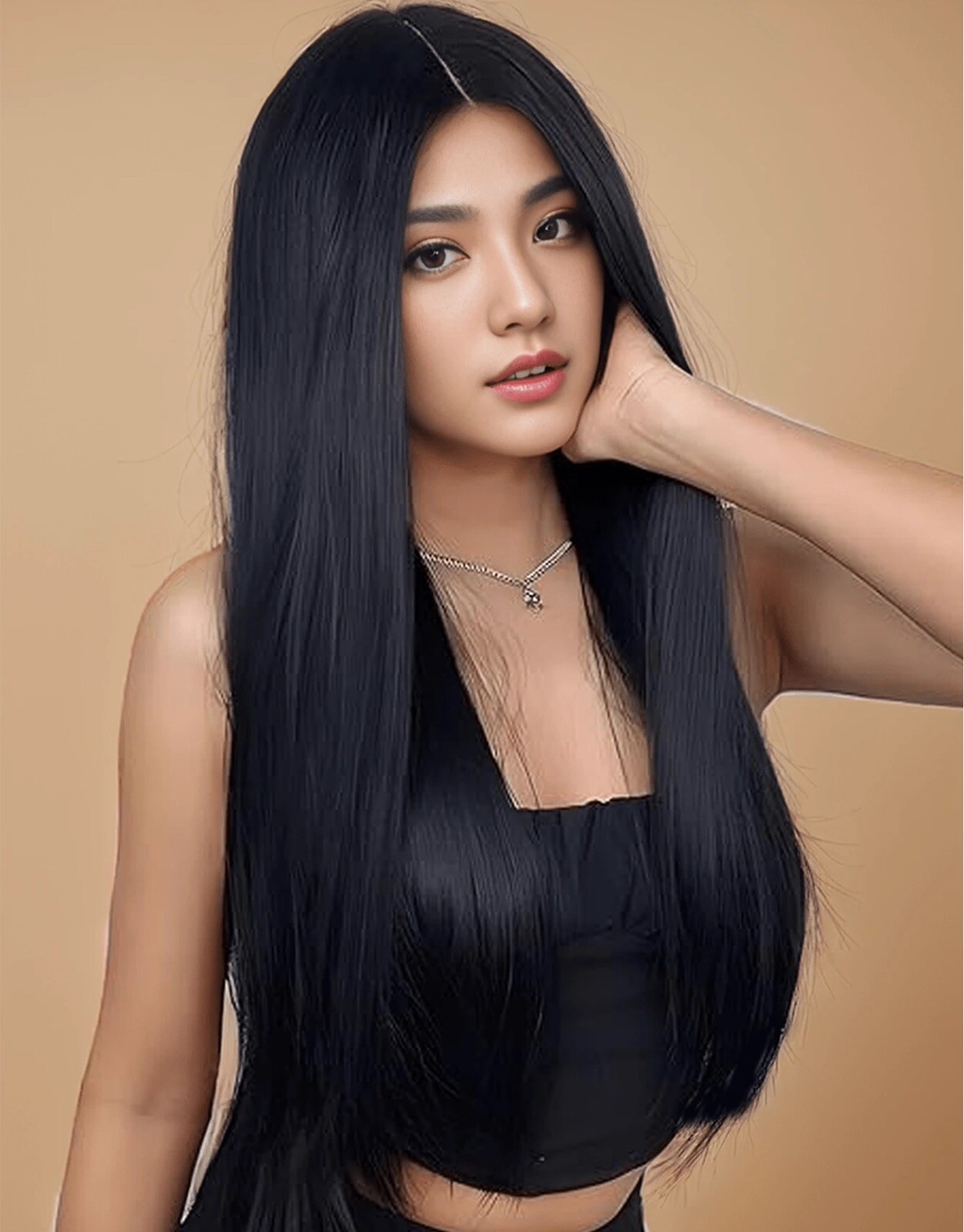 Perruque synthétique noire longue lisse 65cm pour cacher une perte de cheveux