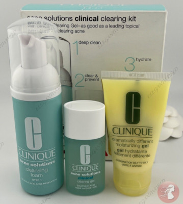 Clinique Acne Solutions Clinical Clearing Kit 3 PC Cleanser + Gel + Lotion NIB