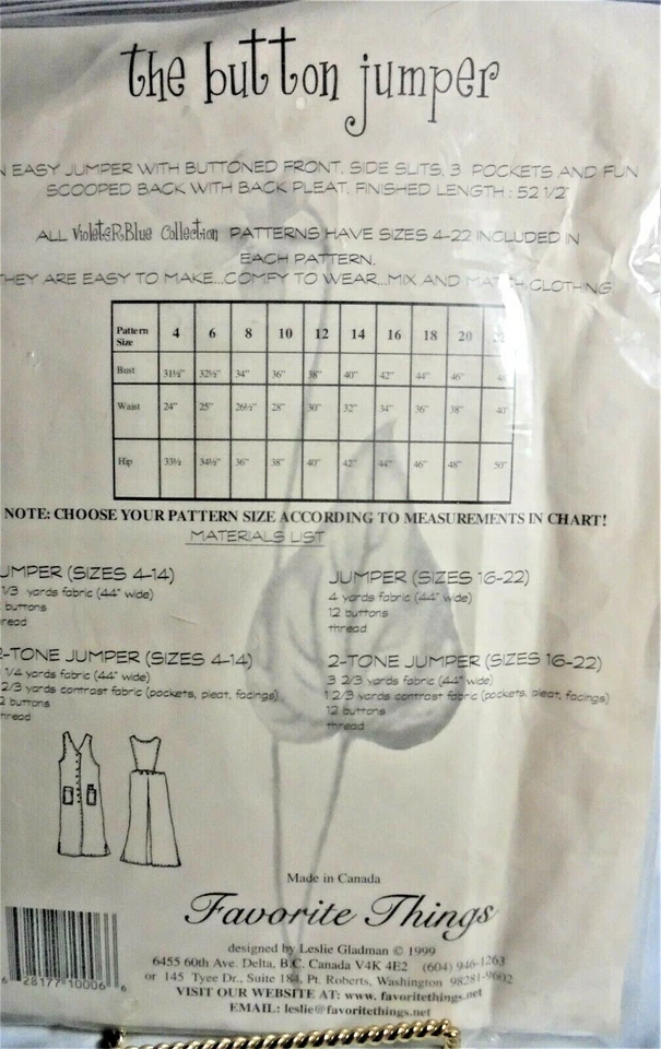 The Button Jumper pattern/Violets R Blue/Favorite Things-Misses size 4-22-New/FF - Image 2 of 2