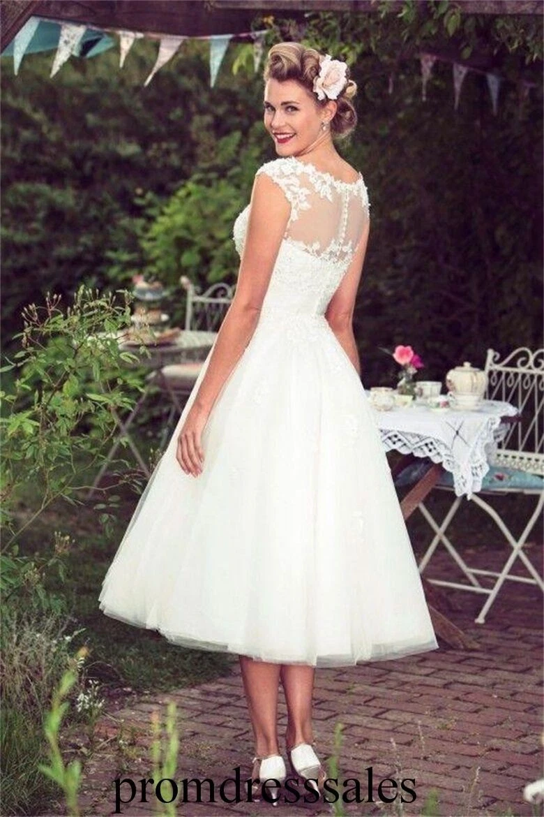 Vintage Lace Applique A Line Wedding Dress Tea Length Bridal Gown Size 4 6  8 10+ | eBay