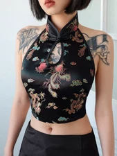S M L Sexy Backless Halter Top - Chinese Style Print Cropped Sleeveless Tank NEW