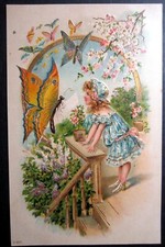 Embossed Best Greeting Butterfly Beautiful Young Girl Gold Vintage Postcard 2988