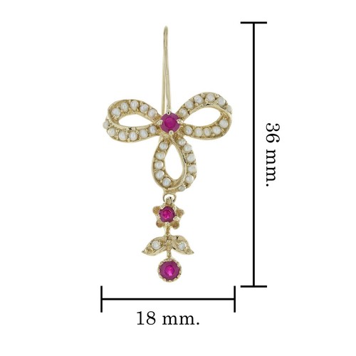 9K Yellow Gold Natural Ruby Pearl Diamond Vintage Style Dangle Bow Earrings - Picture 5 of 6