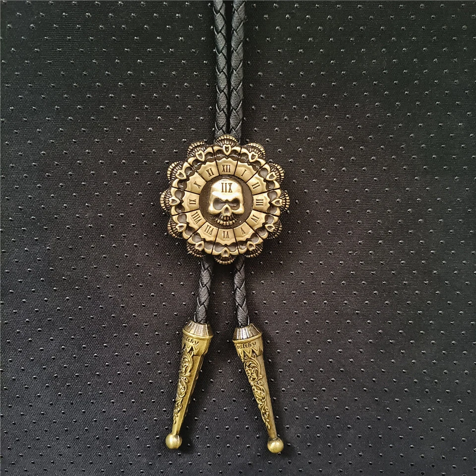 Mens BOLO Tie Vintage Sunflower Skull Necklace Alloy Leather Rope Western Cowboy - Image 2 of 3