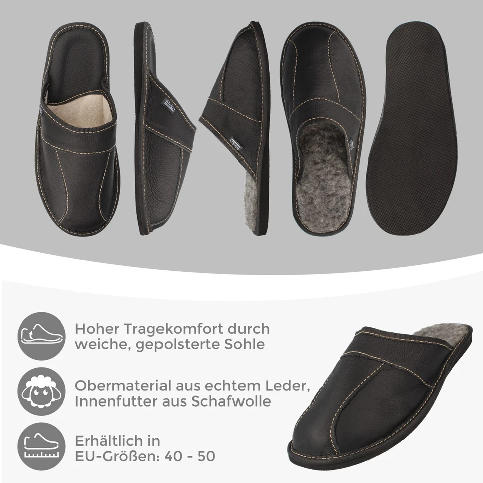 Herren Leder Hausschuhe schwarz gefüttert Pantoffel Gr. 40-50 filsko Trakai - Bild 2 von 4
