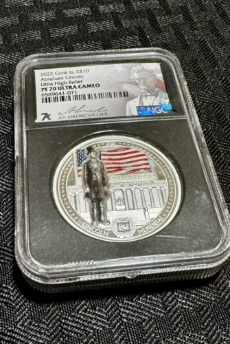 2022 Cook Islands ABRAHAM LINCOLN by Miles Standish 2 Oz Silver Coin 10$  NGC 70