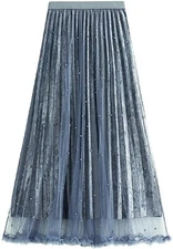 Women's Stretch Waist Shimmer Velvet Beaded Tulle Pleated A Line Skirt