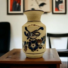 Tonala Bird Vase Art Pottery Flower Sandstone Blue Brown 8” Mexico Vintage