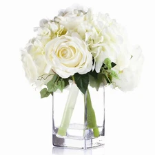 Silk Rose and Hydrangea Flower Arrangement in Glass Vase with Acrylic Water