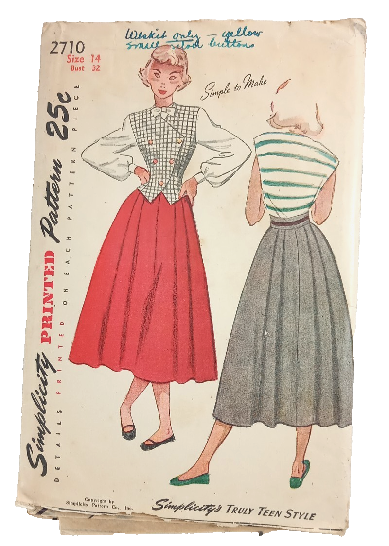 Vintage SIMPLICITY Sewing Pattern 14 32" Bust 26" Waist Full Skirt Vest ...