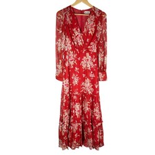 Rixo Elsie Chiffon Midi Dress in Red Bouquet Floral Merlot Size XS