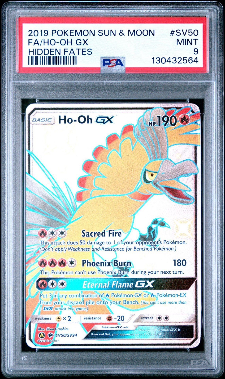 2019 POKEMON SUN & MOON HIDDEN FATES #SV50 FULL ART/HO-OH GX PSA 9