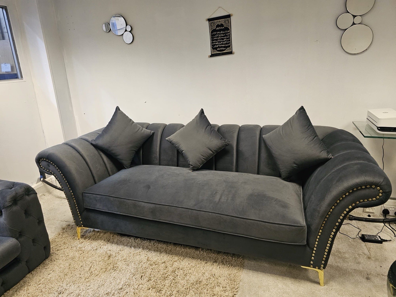 3 Seater Dark Grey Sofa In Luxury Dark Grey Velvet And Gold Legs