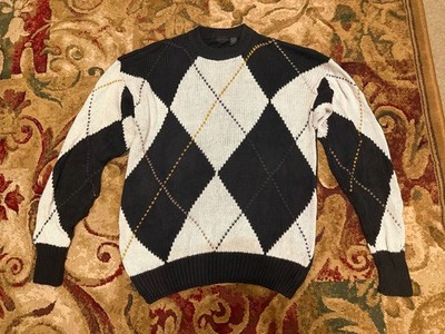 Structure Vintage 90s Argyle Crew Neck Sweater Black White Yellow Size L
