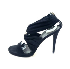 Gucci Womens Strappy High Heel Sandals Black Suede Gold Logo Zip EU 39.5 US 9.5