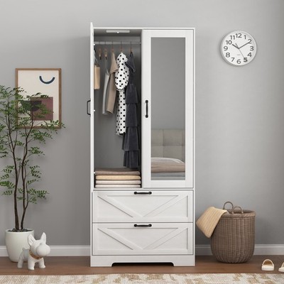 2 Door Wood Wardrobe Mirror Armoire Closet Cabinet Storage Organizer w/2 Drawers