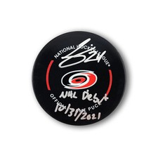 Seth Jarvis Autographed Carolina Hurricanes Official Hockey Puck Inscribed Debut