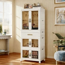 Portable Wardrobe Closet White Wardrobe Storage Cabinet with Hanging & Drawer