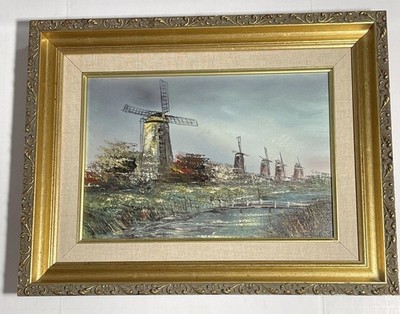 Original Oil Painting Kinderdijk Netherlands Dutch Windmill Landscape 9 X12    