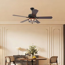 52'' Tiffany Ceiling Fan with 3 Lights +Remote Control, Wooden Ceiling Fans