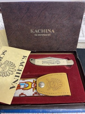 Schrade USA K.D. Kachina Scrimshaw Liner Lock Knife, Beaded