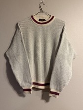 Vintage 80s-90s Eddie Bauer Light Gray, Cream  Purple Cotton Sweater Large UK