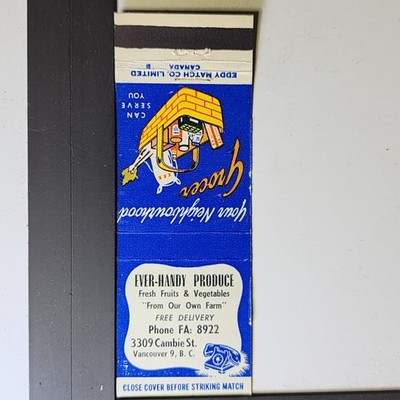 Ever-Handy Produce Vancouver 1950s Blue Grocery Basket Matchbook