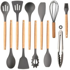 Non-Stick Silicon 11 Pcs Heat Resistant Wooden Handle Kitchen Cooking Utensils