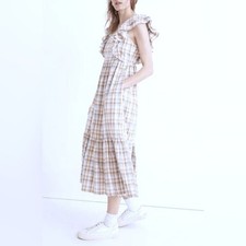 Madewell 10 Medium M Plaid Ruffle Sleeved Tiered Midi Dress Blue Tan Sundress
