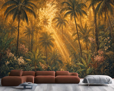 Golden Sunlit Palm Jungle Tapete Wandbild Abnehmbar Abziehbar Abziehen & Kleben