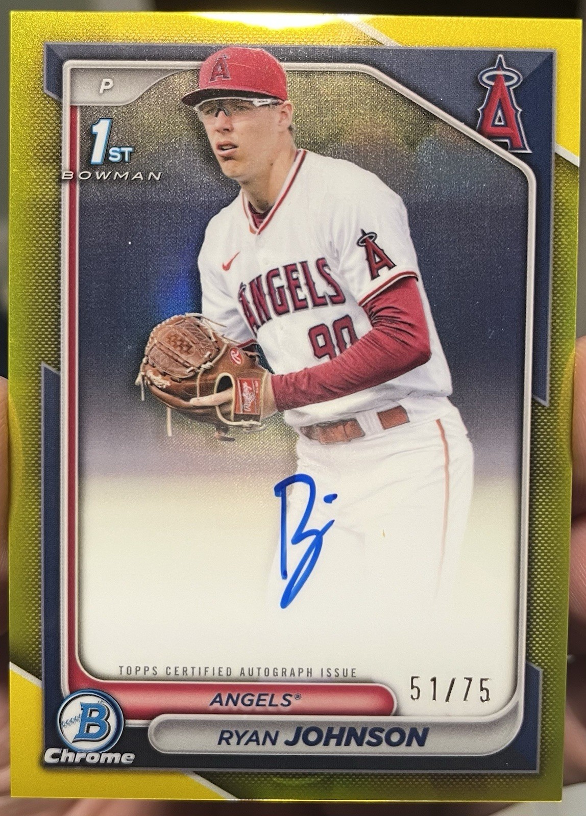 2024 Bowman 1st Draft Chrome Yellow Refractor CPA-RJ Ryan Johnson Auto /75