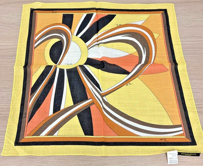 EMILIO PUCCI Unused Cotton Mini Scarf Geometric Yellow Orange 44x44cm w/Case