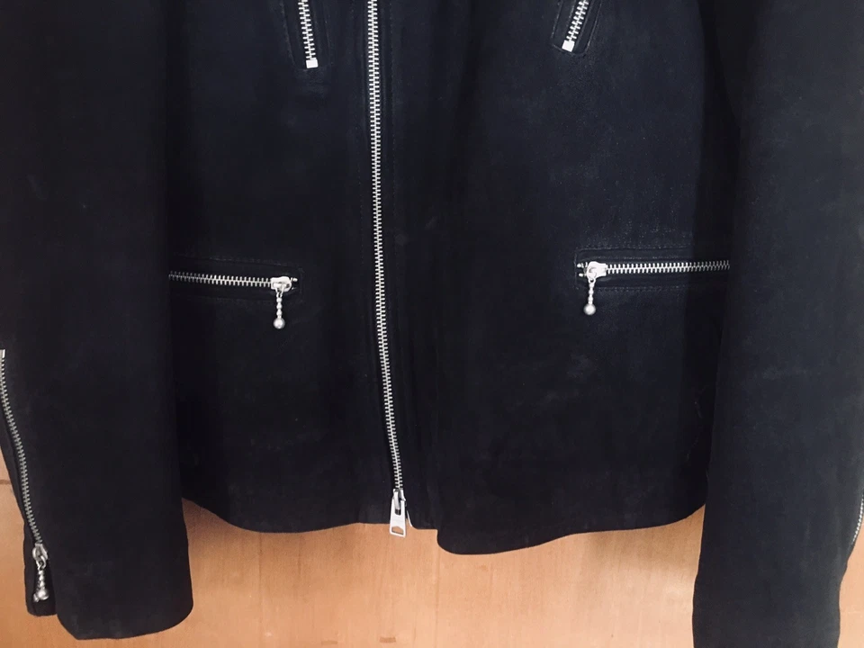 Chaqueta de motociclista ALLSAINTS de gamuza de cuero NEGRO LAVADO - XL (Nueva con etiqueta) HERMOSA Foto 3 de 4