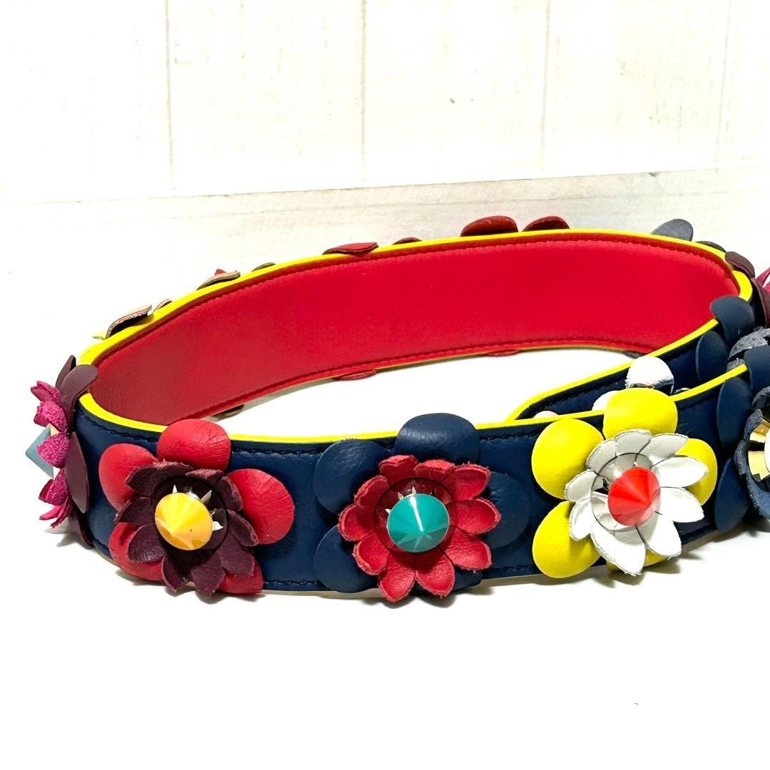 FENDI Strap You Shoulder Strap Flower Motif Leather Navy Multi