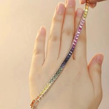 12TCW Princess Lab Created Rainbow Sapphire Tennis Bracelet 14K White Gold Over