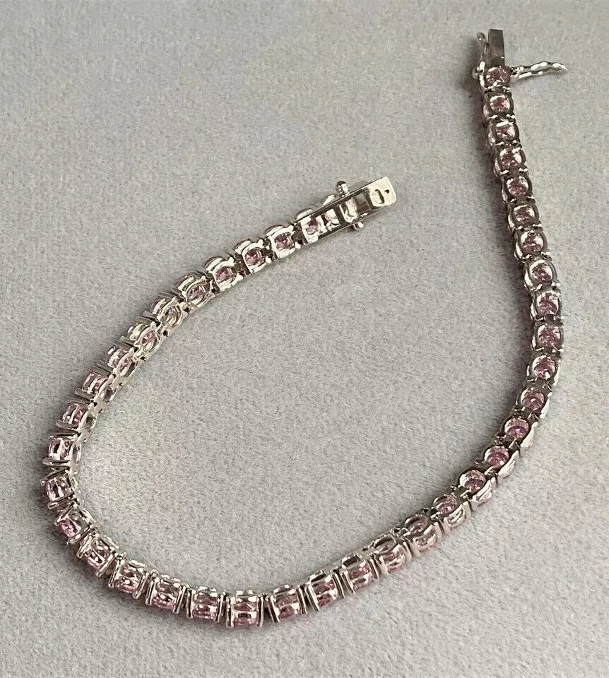 Теннисный браслет круглой огранки с розовым сапфиром 10 карат с покрытием из белого золота 14 карат - Изображение 4 из 4