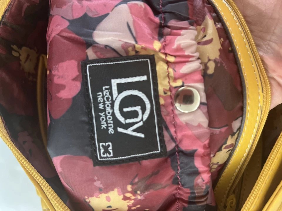 liz Claiborne Vintage Faux Leather Yellow Purse, Floral Print Interior Fabric. - Image 2 of 4