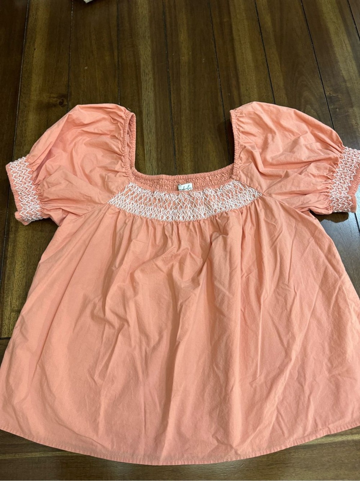Wonderly Peach Smocked Boho Blouse Size L Square Neck Puff Sleeve
