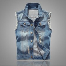 Men Jeans Vest Jackets Sleeveless Ripped Denim Waistcoat Trucker Coat Top Casual