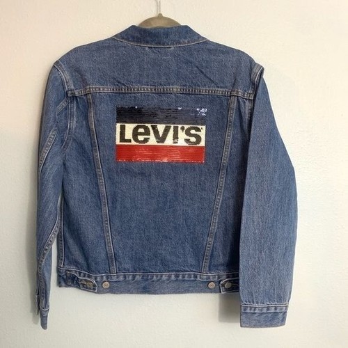 Giacca Jean Levi's Originale Paillettes Denim Blu Rossa Taglia Small - Foto 12 di 16