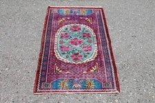 2x4 ft Pink Purple Floral Turkish Handmade Accent Vintage Bohemian Tribal Rug