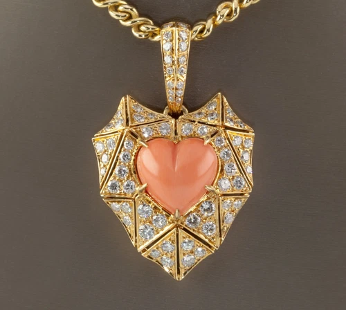 Bulgari Bvlgari High Jewelry 18k Yellow Gold Diamond and Coral Heart Pendant