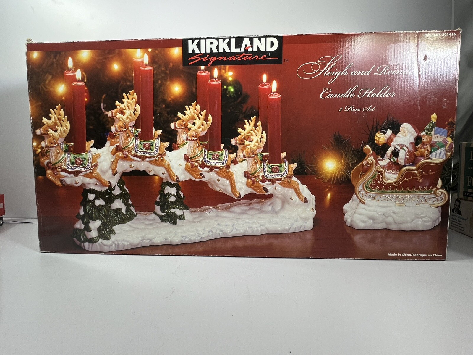 KIRKLAND Signature SANTA & SLEIGH with REINDEER CANDLE HOLDERS 2 PC Set