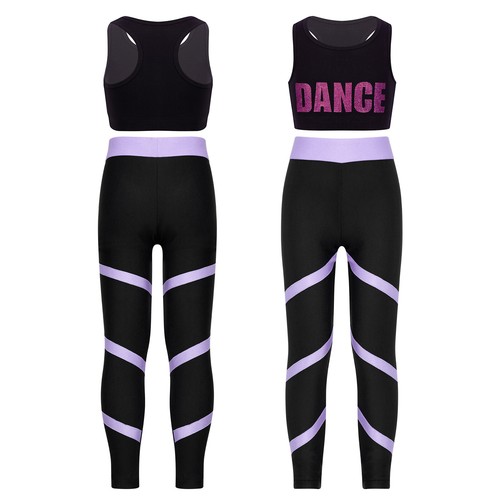 Kids Girls Crop Top With Pants Slim Fit Dance Set Gymnastics Outfits Round Neck - Picture 40 of 58