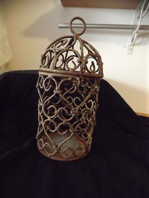  HANGING CANDLE HOLDER vtg MORROCAN rusty CAST METAL 9.25'' TALL