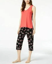 Alfani Women's Printed-Panel Pajama Tank Top Coral Bouquet Black Large