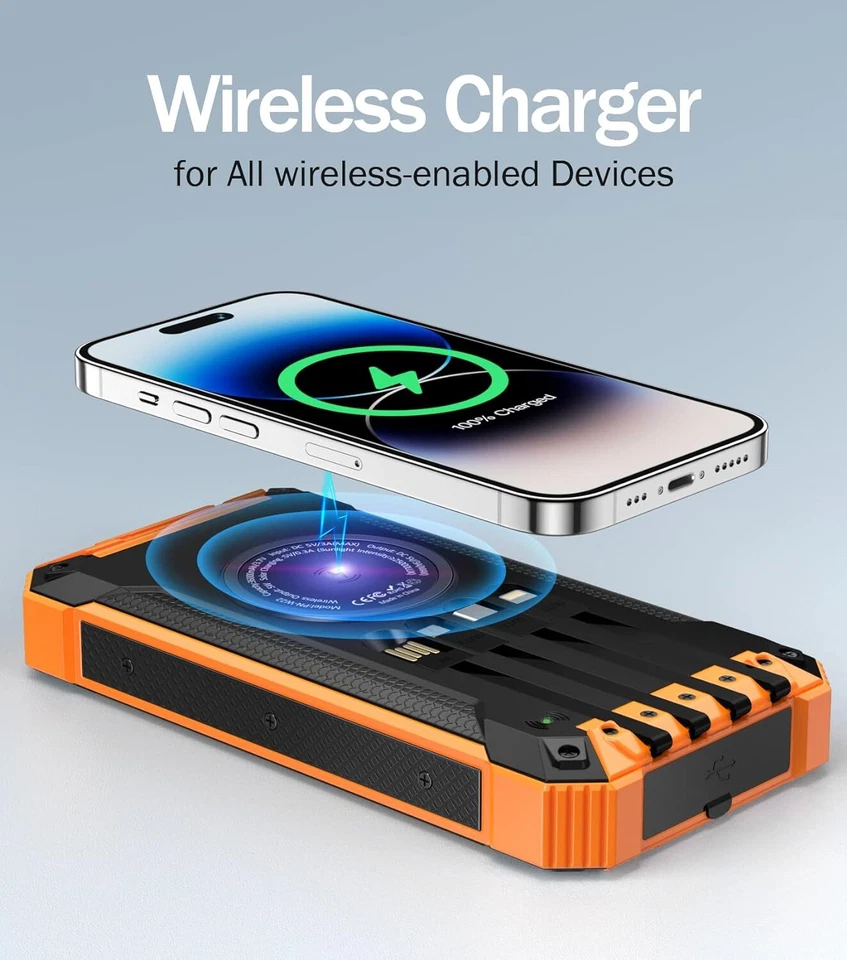 36000mAh Solar Power Bank Wireless Charger Built in 4 Cables 15W Fast Charging - Image 3 of 4
